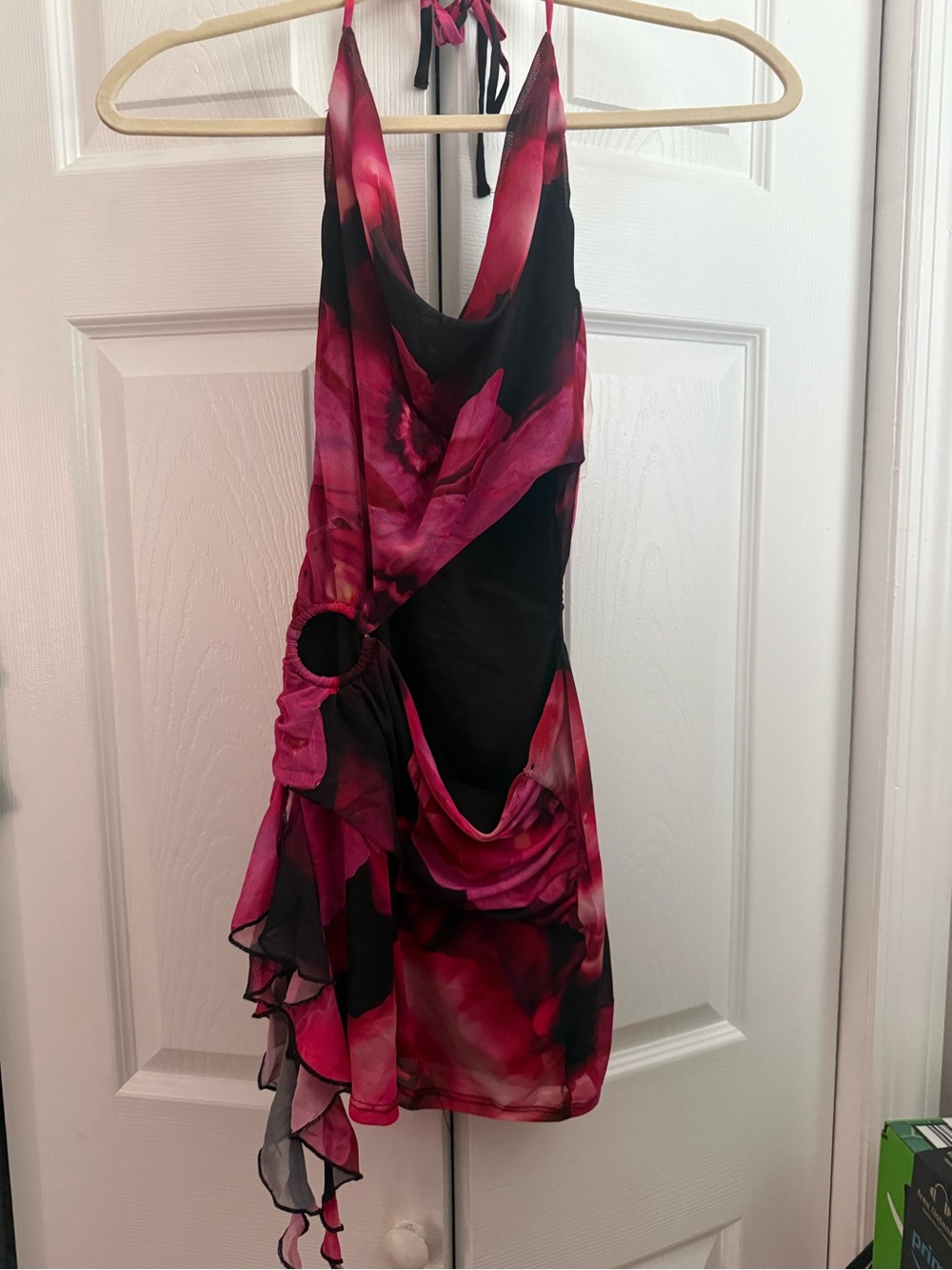 Windsor Pink and Black Floral Backless Halter Mini Dress